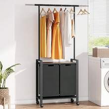 Cesto para ropa sucia de 2 secciones con perchero, cesta para ropa sucia con ruedas y cesta extraíble, organizador para lavandería. - Negro - Ver 1