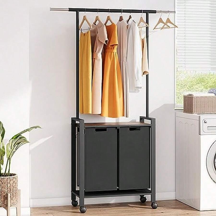 Cesto para ropa sucia de 2 secciones con perchero, cesta para ropa sucia con ruedas y cesta extraíble, organizador para lavandería. - Negro - Ver 1