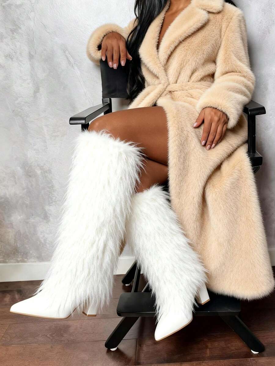Y2k Style Women's Chic Pointed Toe Knee High Boots Fluffy Fur Chunky Heel Nightclub Party Club Shoes - 白色 - 查看 1