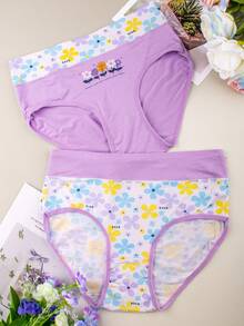 6-Piece Plus Size High Waisted Printed Underwear Set - Soft And Comfortable Elastic Women's Underwear Suitable For Daily And Seasonal Wear - 彩色 - 查看 4