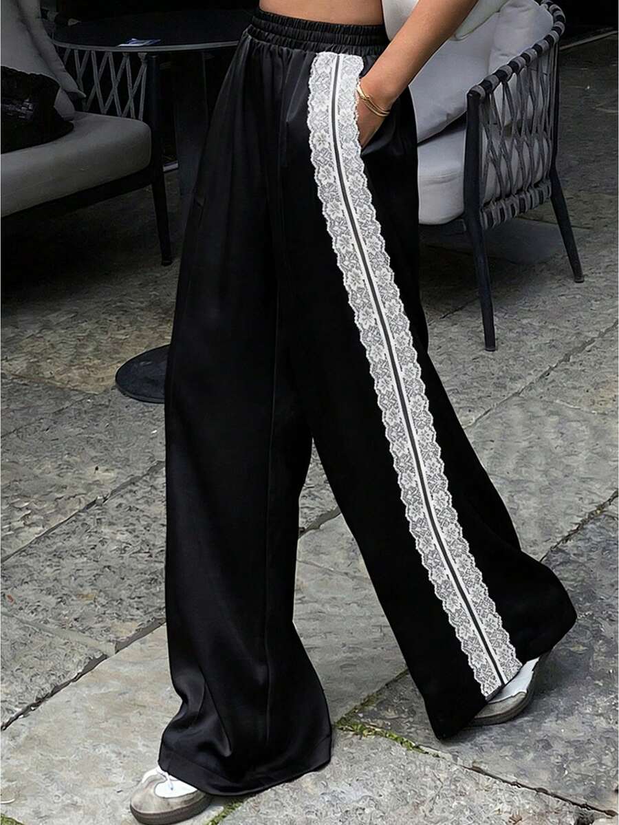 Women Y2K Satin Silk Lace Trim Elastic Waist Wide Leg Pants Streetwear Going Out Casual Bottoms - 黑色 - 查看 1