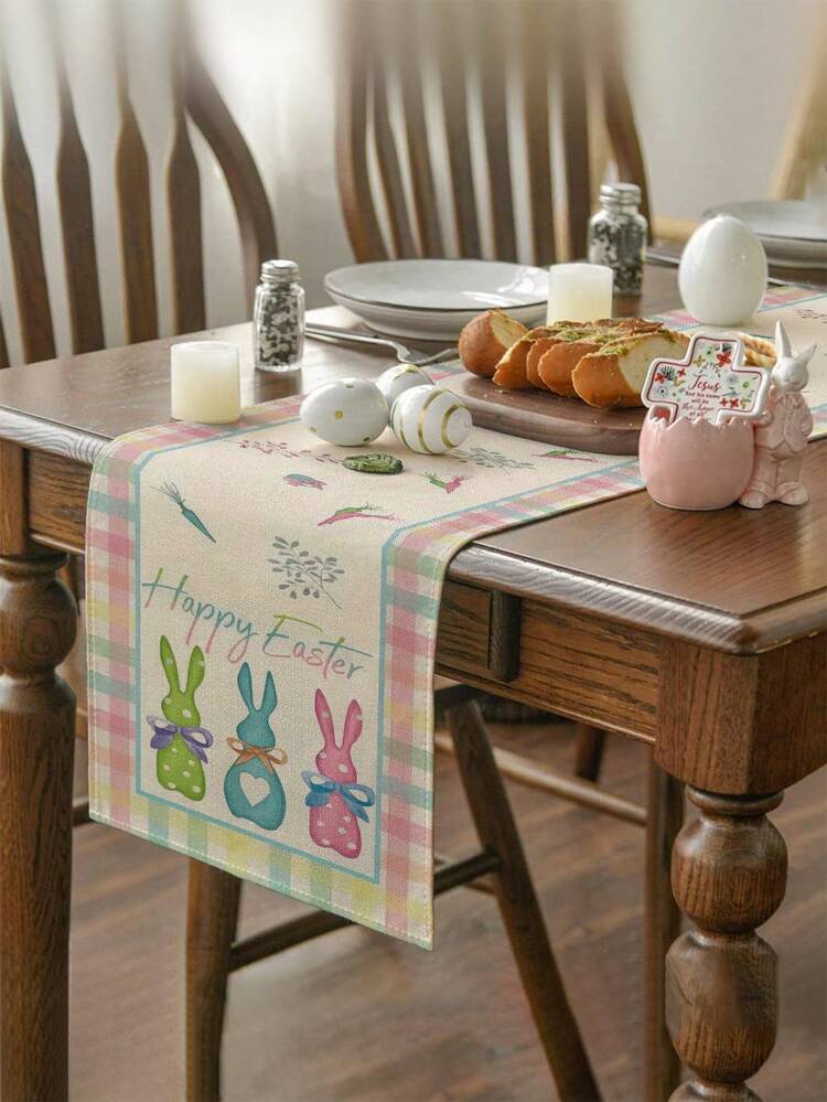 1 pieza Camino de mesa con estampado a cuadros de conejo, zanahoria y búfalo, en varios tamaños, con tema de Pascua feliz, decoración de mesa de cocina y comedor de temporada de primavera, apto para interiores, decoración de fiesta - Multicolor - Añade 7