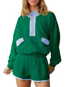Womens Color Block Two Piece Sets Long Sleeve Oversized Sweatshirts Pullover And Shorts Set Matching Sets With Pockets, 2025 JJYR - 綠色 - 查看 1