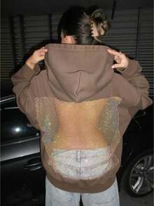 Womens Hooded Sweatshirt Long Sleeve Solid Color Casual Tops With Sparkling Mesh Panel - Coffee Brown - View 1