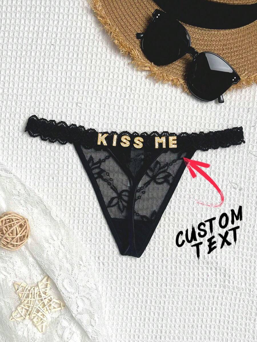 1 chiếc quần lót G-string bikini dây mảnh ren đính chữ pha lê tùy chỉnh, tên cá nhân hóa, quà tặng cho bạn gái, vợ, ngày Valentine, Giáng sinh, Halloween, Lễ Tạ ơn, sinh nhật.