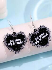 1 Pair Fashionable Creative Funny Personalized Unique Slogan "HOT GIRLS CRY TO METAL" Black Thorn Heart Shiny Acrylic Earrings, Suitable For Daily Commute Outfit, Gift, Jewelry - Multicolor - View 3