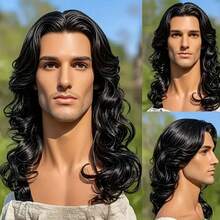 28英寸卷发假发，男女通用黑色合成纤维假发，带假发帽，欧美时尚风格 - 黑色 - 查看 1