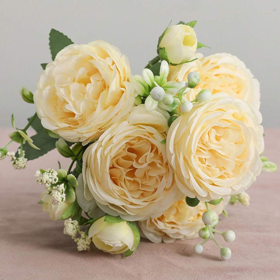 3 Bouquets Of 5 Artificial Roses: Stunning Handmade Yellow Bridal Bouquets For Home And Living Room Decoration. - 黃色 - 查看 1