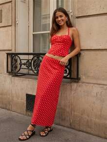 Women Long Skirt Outfit Dot Print Halter Neck Tank Tops And Low Rise Fishtail Skirt 2 Piece Set - 紅色 - 查看 4