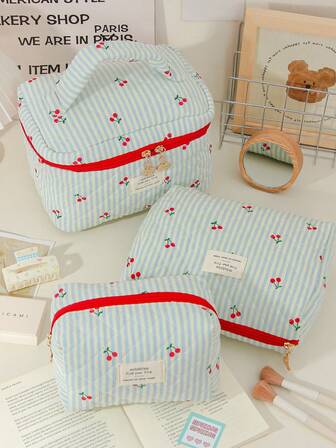 1 pièce Sac cosmétique multifonction vert, sac à maquillage zippé grande capacité de mode décontractée, pochette de rangement de voyage motif cerise, essentiel pour les vacances, peut ranger les écouteurs filaires, les écouteurs intra-auriculaires, les casques, les chargeurs, les rouges à lèvres, les cosmétiques, les parfums, les produits de soins de la peau et de beauté