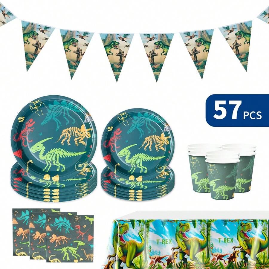 10 Stücke buntes Dinosaurier Fossil Einweg-Geschirr Set, inklusive Teller, Servietten, Becher, Tischdecke und Wimpelketten, geeignet für 10 Gäste, Einweg-Pappteller Party Zubehör für Geburtstag, Hochzeit, Themenparty, Familien-Picknick - Verschiedenfarbig - Übersicht 1