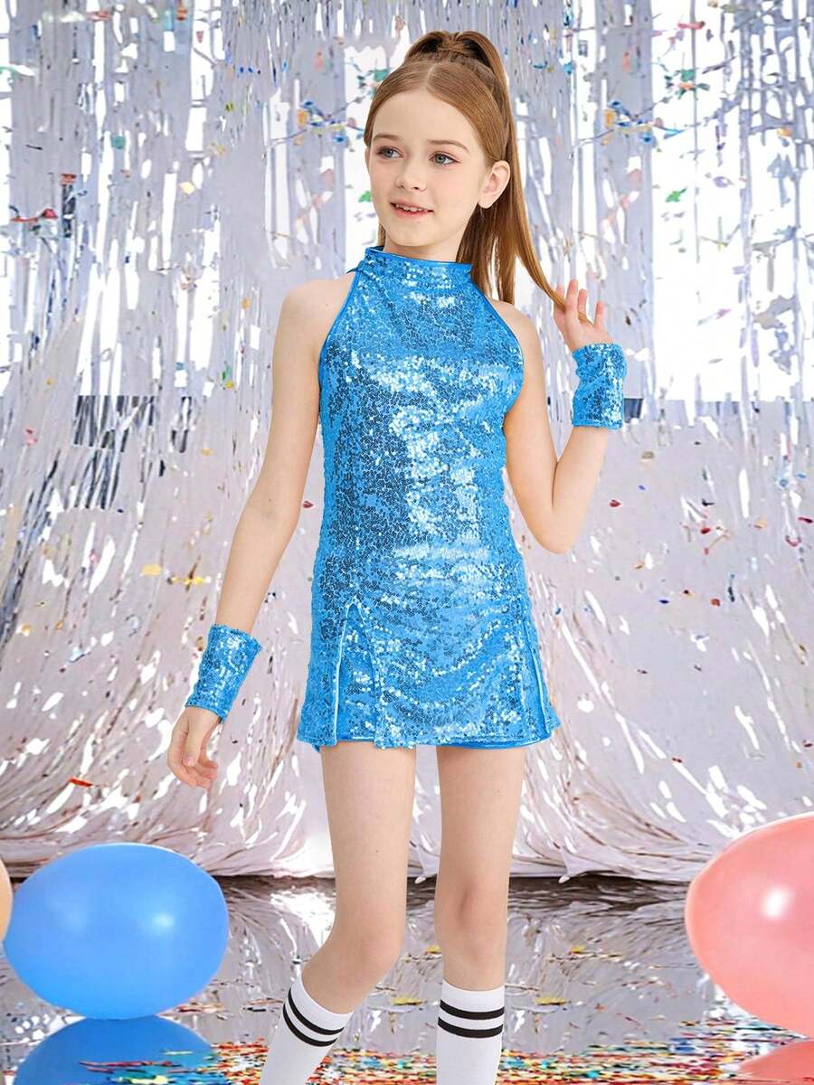 LONTAKIDS Girls Sequins Dance Clothes Dress 4-12 Yrs Sparkle Hip Hop Jazz Dance Outfit, Sleeveless Top And Shorts - 淺藍色 - 查看 1