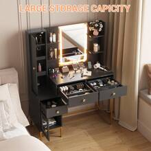 Tocador con luces, 3 modos de iluminación, escritorio con estación de carga, taburete acolchado suave, tocador moderno con 3 cajones, armario y estantes abiertos para dormitorio. - Negro - Ver 5