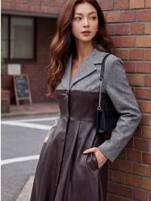 Vestido midi feminino elegante em couro PU marrom escuro com contraste de cores sólidas, modelo blazer com lapela e botões frontais, estilo coreano casual de negócios, ideal para o Ano Novo, primavera, outono e inverno, Natal e outras ocasiões formais. Um look elegante e moderno para mulheres. - Castanho Café - Ver 10
