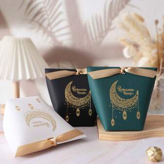 10 piezas de caja de regalo de papel de alta calidad para Ramadán Kareem, con patrón rectangular de estrella y luna dorada, cinta delgada dorada, 4 colores premium para embalaje de regalo para la celebración de Eid Al-Fitr, regalo musulmán, decoración del festival islámico