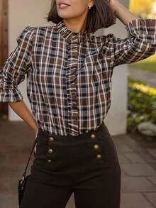 Camisa de mujer con botones, volantes y estampado de cuadros, de moda para primavera/verano/otoño - Marrón - Ver 1