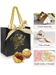 6/12个装小号感谢礼品袋，尺寸约为5.5 x 2.4 x 4.7英寸（约14 x 6 x 12厘米）。派对回礼袋，配有蝴蝶结丝带，迷你纸质礼品袋，烫金工艺。适用于情人节、生日、新年庆祝活动、团队聚会和大型宴会。非常适合盛放迷你糖果、零食袋和礼品包装装饰。（黑色）