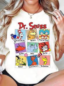 Dr Seus1s Characters T Shirt Women Cute Cartoon Graphic Tee Cat In The Hat Thing 1 And Thing 2 Horton The Lorax Red Fish Green Eggs And Ham For Kids And Adults Unisex Casual Top - trắng - Xem 1