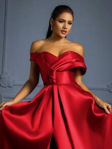 VIPGIRL Elegant Long Flared Hem Dress, Red Strapless Evening Gown - Red - View 5