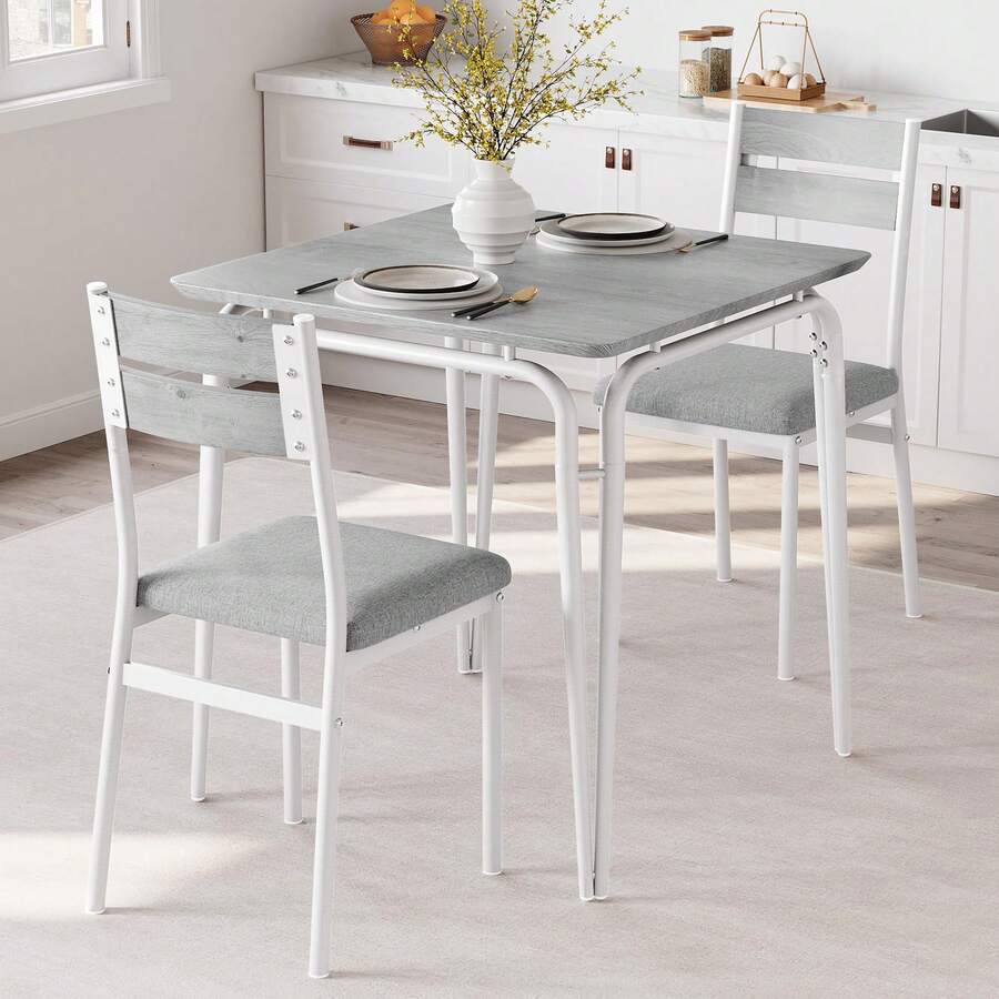 Huisuilinss 3-Piece Dining Table Set,Dining Room Table Set With 2 Padded Chairs,Small Kitchen Table And Chair Set For 2,Square Dinette Set,Dinner Table Set For Small Space Apartment - blanco gris - Ver 1