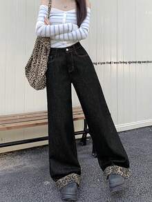 Celana Jeans Wanita Kasual Motif Leopard Warna Kontras dengan Saku, Resleting dan Kancing, Cocok untuk Pemakaian Sehari-hari di Semua Musim Hitam Musim Semi Musim Gugur - Hitam - View 2