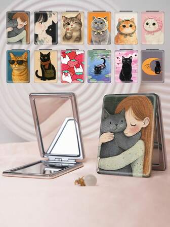 1 adet Sevimli Çizgi Film Kedi Serisi Taşınabilir Makyaj Aynası, Katlanabilir Hafif Ultra İnce Kullanışlı El Aynası, Dayanıklı PU Deri Gövde ve Metal Vakum Kaplama, Her Durum ve Kişi İçin Uygun, Katlanabilir Kare Cep Aynası