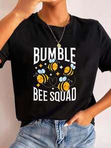 Polyester Crew Neck T-Shirt With Letter Pattern A121783 - Black - View 6