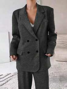 2pcs Solid Color Double-Breasted Faux Pocket Women Suit Set, Suitable For Office And Everyday Wear, All Seasons Spring - Dark Grey - View 4