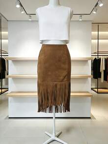 Falda bohemia con flecos estilo western - Bajo asimétrico con borlas fluidas, flecos marrón/beige (sin cinturón), lavable a máquina. Falda tipo vestido bohemio ideal para botas, fiestas y eventos temáticos. Un atuendo retro perfecto para cualquier época del año. - Marrón - Ver 4