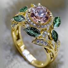 1pc Elegant Fairy Engagement Ring With Sparkling Round Pink Synthetic Cubic Zirconia, 18K Gold Plated Copper Ring, Green Leaf Accent Design, Best Gift For Wedding, Anniversary, Birthday, Valentine's Day - Gold - View 3