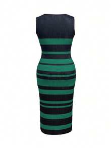 Plus Size Women's Spring Summer Autumn Slimming Ribbed Print Sleeveless Ribbed Knit Dress - Dark Green - View 3