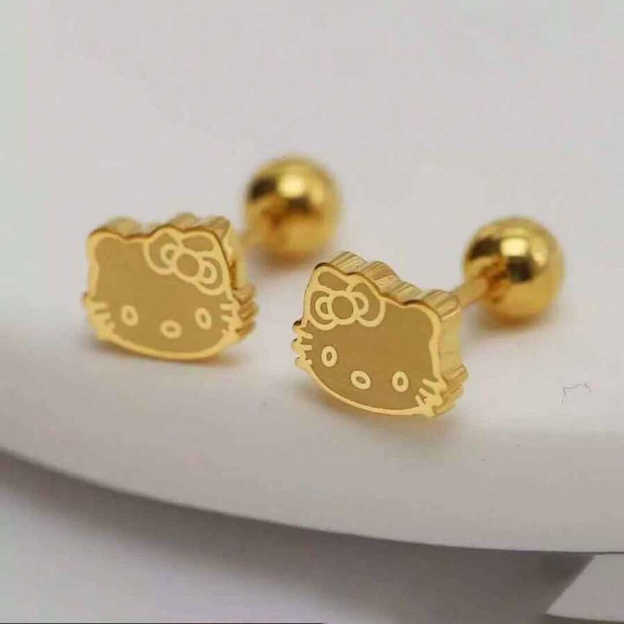 1对三丽鸥Hello Kitty卡通可爱粉色猫耳耳环，时尚耳环，金色耳环配红色蝴蝶结，轻盈奢华设计，可用作服装装饰，凸显优雅美丽，高端大气，适合日常佩戴和派对创意礼物，猫主题派对收藏和展示，生日和节日派对的绝佳配饰礼物。 - 彩色 - 查看 1