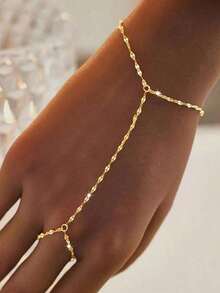 Pulsera de nudillo con cadena de labios dorada - Joyería de dedo a muñeca de cobre, ajustable - Dorado - Ver 1