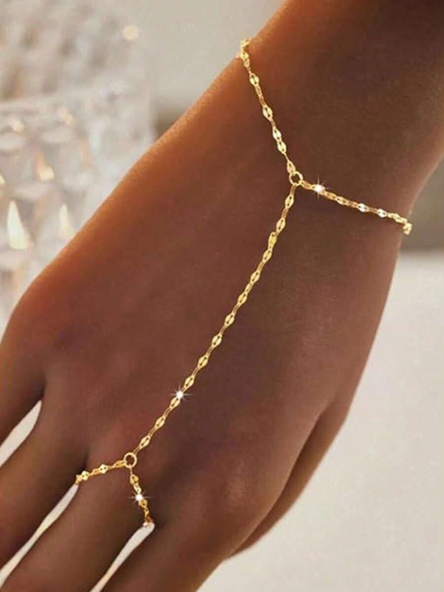 Pulsera de nudillo con cadena de labios dorada - Joyería de dedo a muñeca de cobre, ajustable - Dorado - Ver 1