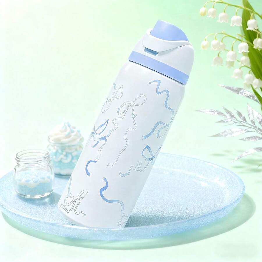 0waIaa  Blue Ribbon Water Bottle, 32 Oz, 945 Ml, With A Straw, It Can Keep Hot Or Cold For Over 24 H. It Can Be Used To Make Coffee And Cold Drinks. It Has A Beautiful Appearance And Exquisite Craftsmanship. It Is Suitable For Camping, Work, Indoor And Outdoor Use Valentine's Day. - Xanh và trắng - Xem 1