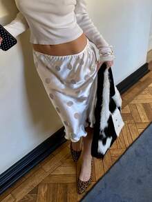 Women Y2k Satin Midi Skirt Polka Dot Print Low Rise Skirt Elastic Waist Casual Straight Summer Going Out Skirts Beach Vacation Vintage Skirts Summer Aesthetic Clothes Streetwear - 白色 - 查看 7