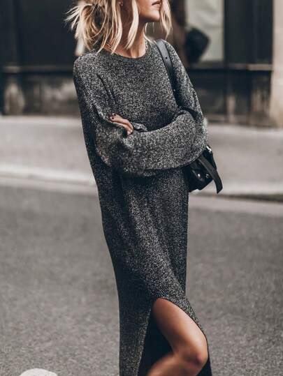 VIBEWAVE 2026 Casual Elegant Black & Gray Side Slit Knit Dress