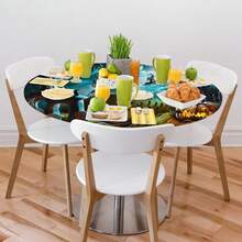 Halloween Turquoise Round Tablecloth With Elastic Halloween Decor Round Fitted Table Cover Wipeable Circle Outdoor Table Cloths For Kitchen Pattry Patio Dining Holiday Decorate Fit For 40\-44\ Tables,42inch(Round),B:AHalloweenTurquoise - B:aHalloweenTurquoise - View 9