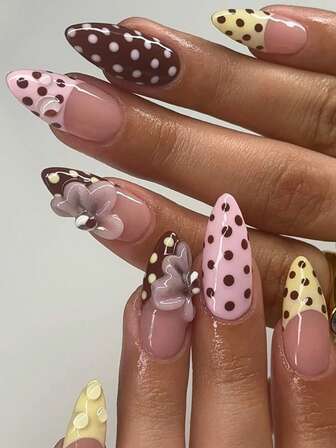 24 Pcs Of Medium-Length Almond-Shaped Nails Press On Gift Box, New Autumn Style Beige French Edge Pink Brown Polka Dot 3D Three-Dimensional Glue Flowers Fantasy Color Bubble Beads Autumn And Winter Atmosphere Party, Daily Versatile Fake Nails With Jelly Glue 1 Piece 1 Rub Strip