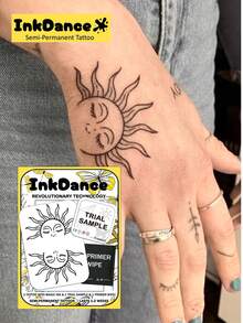 1 Set "Sun Face" Revolutionary Technology Tattoo Stickers, Semi-Permanent Tattoos, Temporary Tattoos, Long-Lasting, Unisex, Waterproof, Realistic Tattoo Effect, Plant-Based, Y2K, X136 - Black - View 1