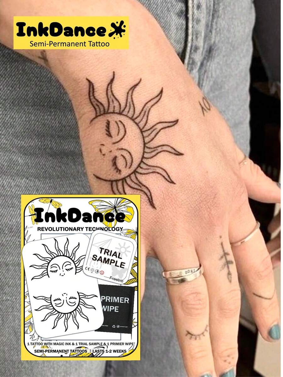 1 Set "Sun Face" Revolutionary Technology Tattoo Stickers, Semi-Permanent Tattoos, Temporary Tattoos, Long-Lasting, Unisex, Waterproof, Realistic Tattoo Effect, Plant-Based, Y2K, X136 - Black - View 1