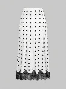 女士白色波点蕾丝缎面半身裙，优雅性感休闲缎面蕾丝拼接半身裙，适合晚宴约会、度假、夏季日常穿着。 - 白色 - 查看 4