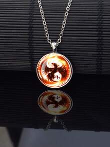1PC Phoenix-Patterned Pendant Necklace With Dome Glass Inlay, Featuring An Adjustable Alloy Chain, Perfect For Daily Wear Or As A Festive Gift. - Silver - View 5