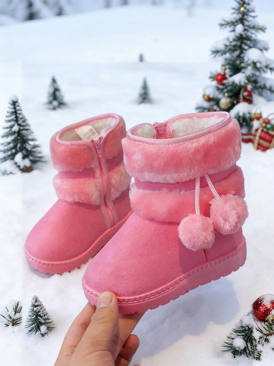 1 par de botas para niños, botas de nieve de color caqui con bola de peluche, suela blanda antideslizante, botas de media pantorrilla, diseño adecuado para niños y niñas para uso en exteriores, fiestas, viajes e invierno