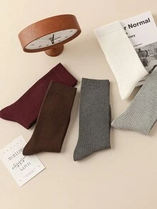 6 Pairs Solid Color Vertical Stripe Slouch Socks, Versatile All-Match Mid-Calf Socks For Women, 1/3/5/6/10 Pairs - Burgundy - View 4