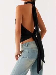 Women Halter Backless Tank Tops Cowl Neck Summer Going Out Cami Tops Women Halter Top Backless Tank Tops Cowl Neck Summer Going Out Outfits Cami Tops - 黑色 - 查看 3