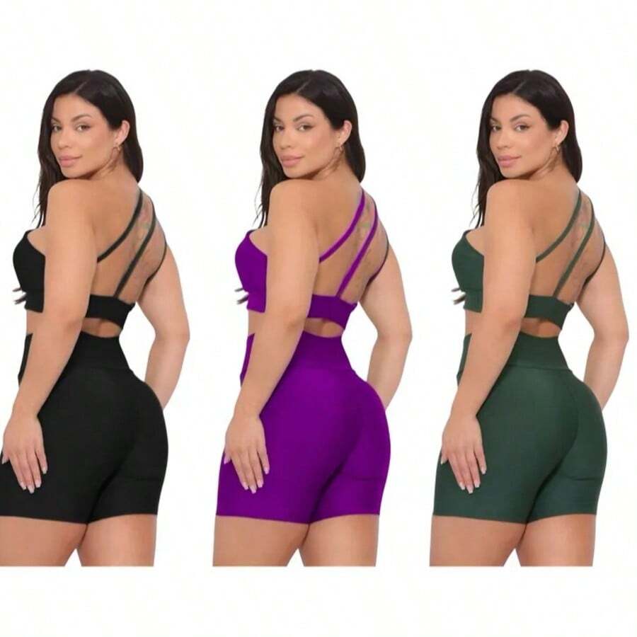 Women's Summer Fitness Short And Top Set For Gym - 紫色,綠色和黑色組合 - 查看 1