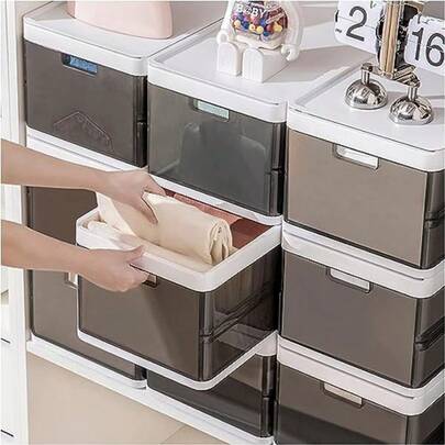 Stackable Plastic Storage Bins With Lid 2 Pack Foldable Closet Organizer Storage Box Wardrobe Drawer Organizers For Clothes Pants T-Shirts Jeans Toys