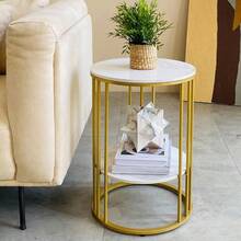 Marble Top Side Table Gold: Small Circle End Tables 40x54cm Sintered Stone Bedside With Metal Golden Legs Modern White Nightstand 2 Tier Round Sofa Coffee Table For Bedroom Living Room Furniture - Gold - View 8