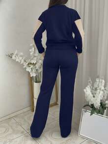 Women's Autumn/Winter 2 Pieces Set - Striped Patchwork Top Jacket Paired With Striped Patchwork Pocket Long Pants Spring - Navy 22 - View 5